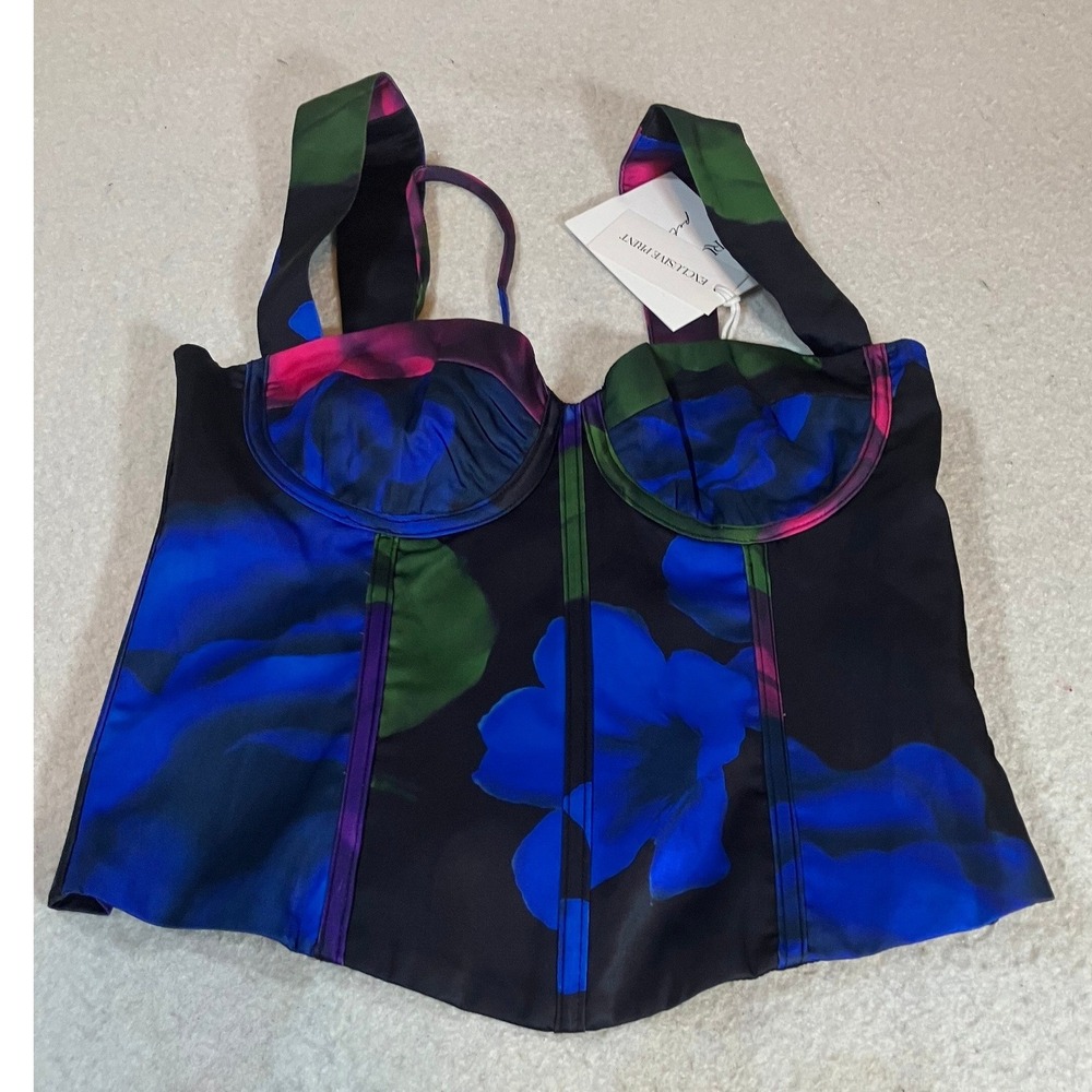 Runaway The Label X Petal & Pup Floral Corset Bustier Top Black Blue Size S NWT